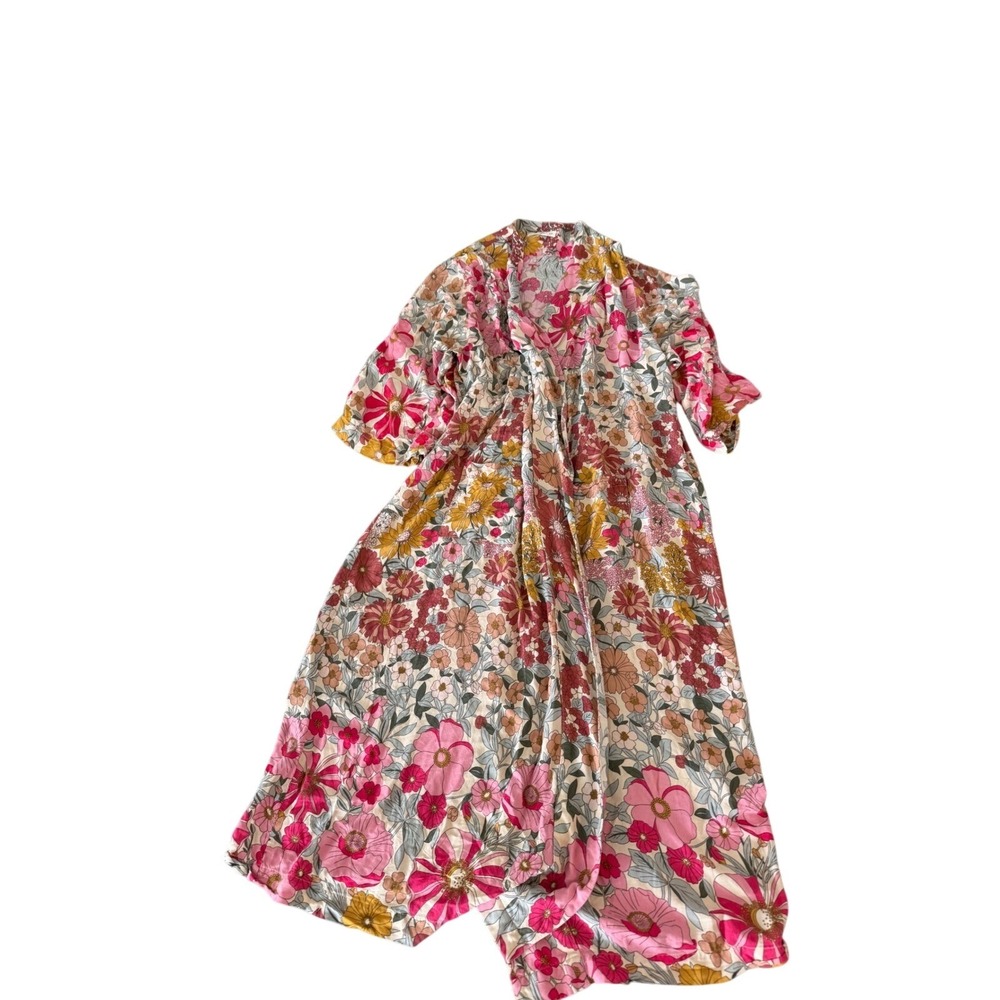 Natural Life Floral Kimono Robe L/XL Pink Mustard Yellow Boho Duster Coverup - Picture 5 of 9